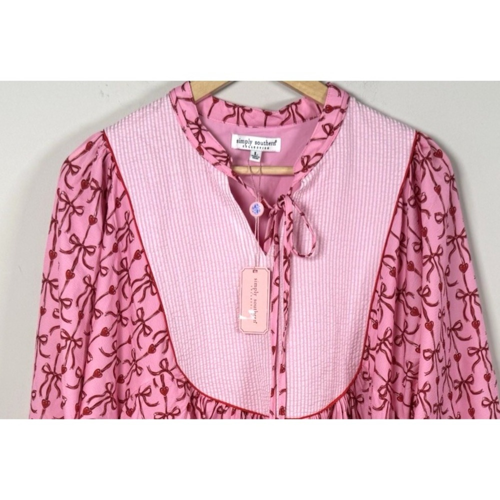 Simply Southern Pink Bow Yoke Babydoll Dress Puff Sleeve Valentine Coquette L - Picture 3 of 13
